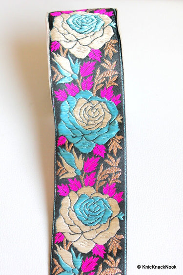 Black Fabric Lace With Rose Floral Design, Pink, Blue